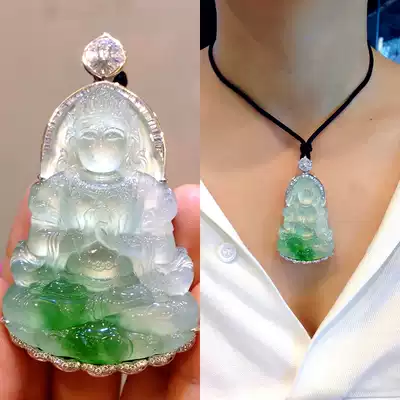 Natural jade A goods jade pendant Jade pendant Guanyin floating flowers full of green Jade Buddha pendant Du Muyang green Guanyin