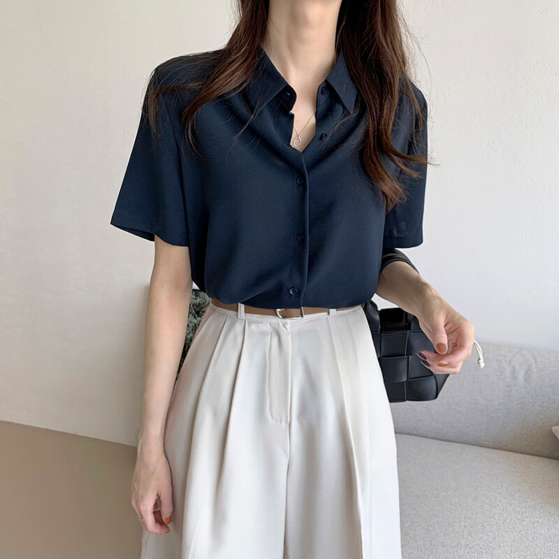 Summer Short-Sleeved Shirt for Women 2026 New Style Elegant Commuter Lapel Navy Dark Blue Professional Chiffon Blouse Top