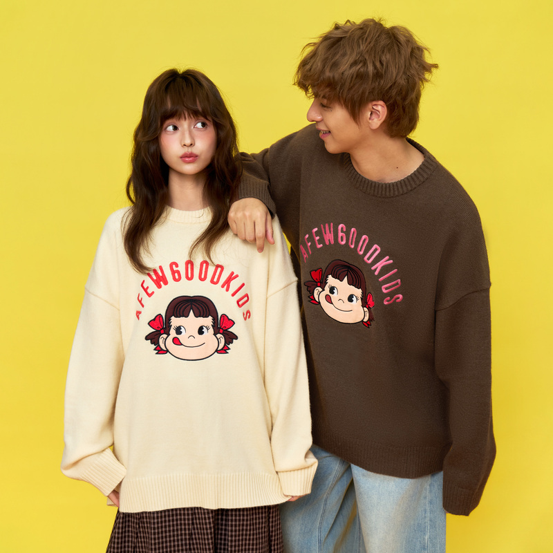 Afgk X Fujiya Collaboration Crew Neck Sweater for Men and Women, American Style Trendy Brand Couple Autumn and Winter Lazy Style Knit Top