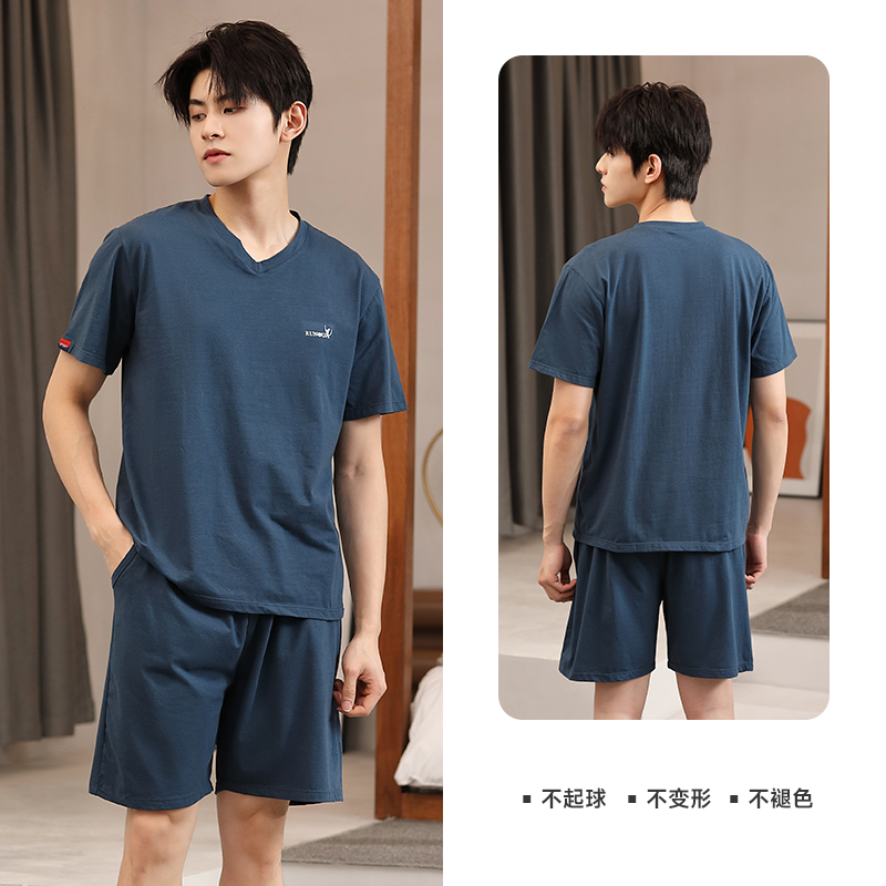 Men's Pure Cotton Youth Short-Sleeved Shorts, Loose Thin Casual V Neck Sports Pajamas, Large Size Home Summer Suit