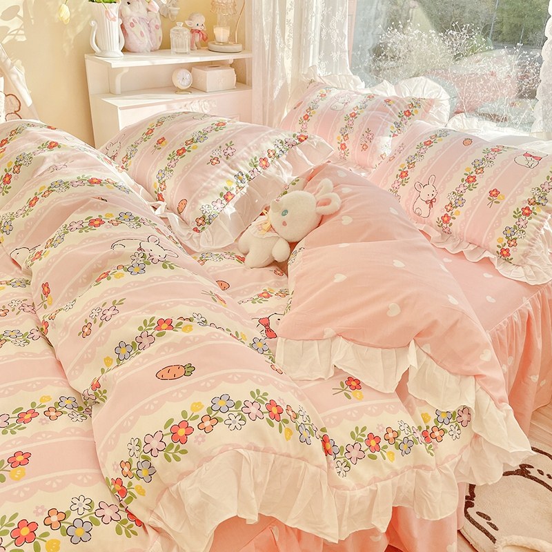 ins Han Department Broken Flowers Rabbit pure cotton Four-piece Bed Skirt Girl Hearts All Cotton Quilt Cover 1 8m1 5 Bed Ogasawara Bed