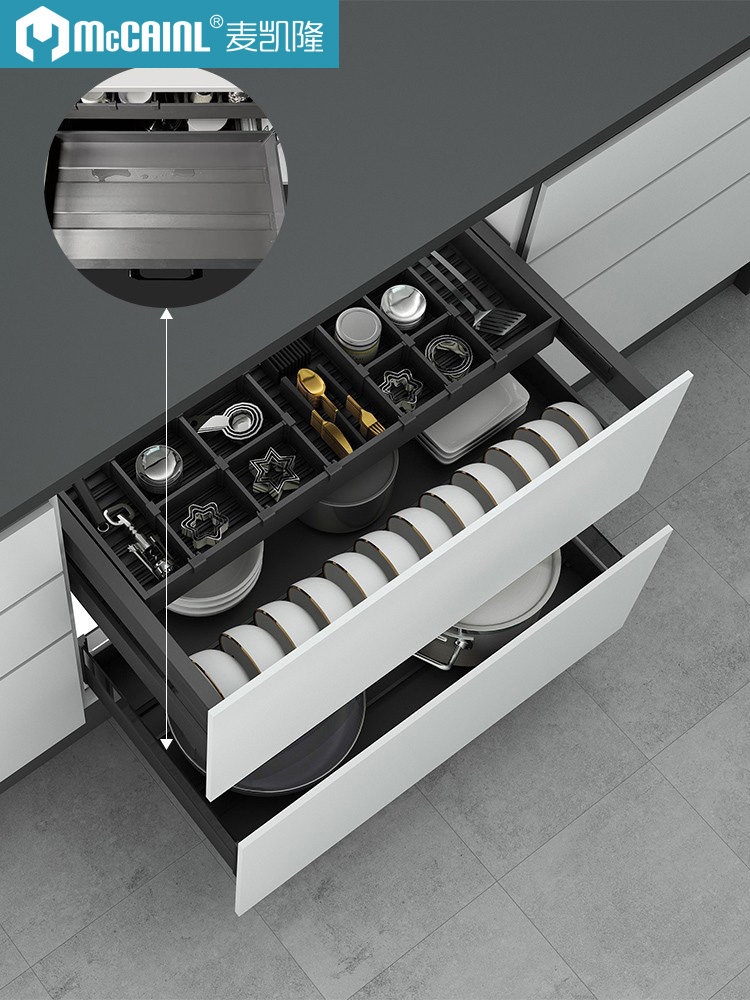 Pull-basket kitchen overall cabinet double-drawer cupboard pull-basket aluminum alloy draw-in drawer basket bowl butterfly blue built-in storage