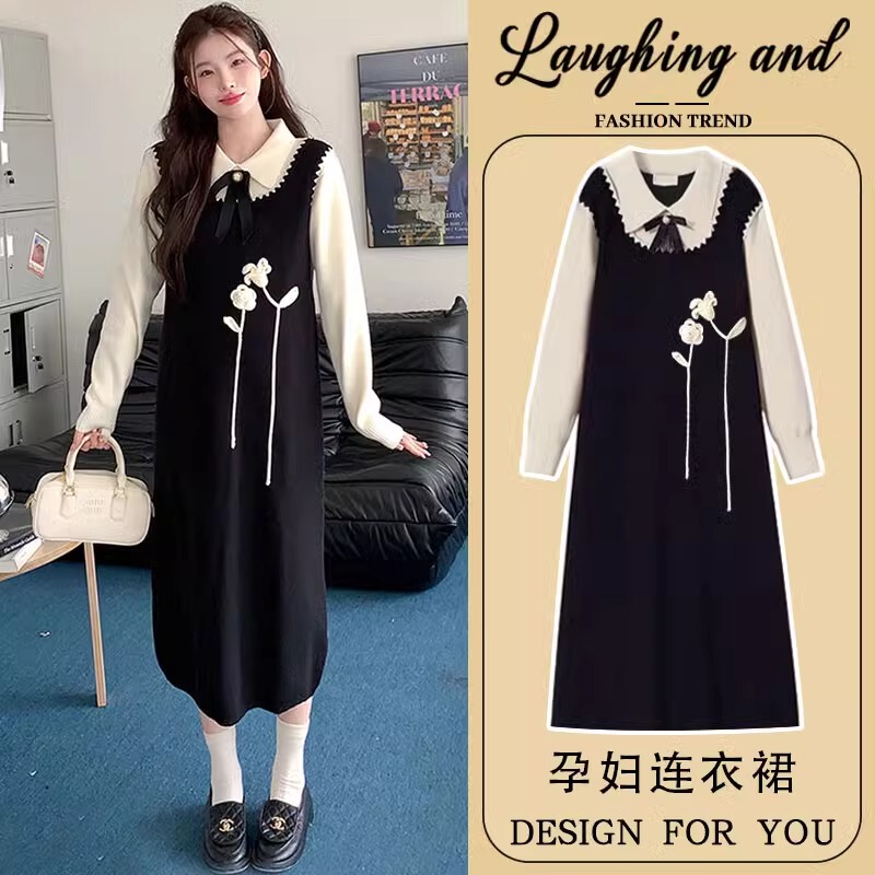 Maternity Autumn Dress 2026 New Fashion French Style Loose Fake Two-Piece Knitted Long Dress Spring and Autumn Maternity Dress Maternity Autumn Dress 2026 New Fashion French Style Loose Fake Two-Piece Knitted Long Dress Spring and Autumn Maternity Dress