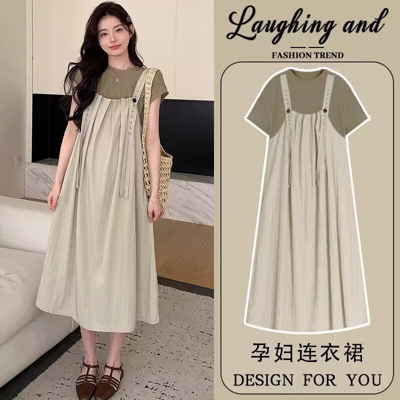 Maternity Summer Dress 2026 New Fashion Loose Cotton Top Plus Size Belly-Covering Suspender Skirt Two-Piece Set Maternity Summer Dress 2026 New Fashion Loose Cotton Top Plus Size Belly-Covering Suspender Skirt Two-Piece Set