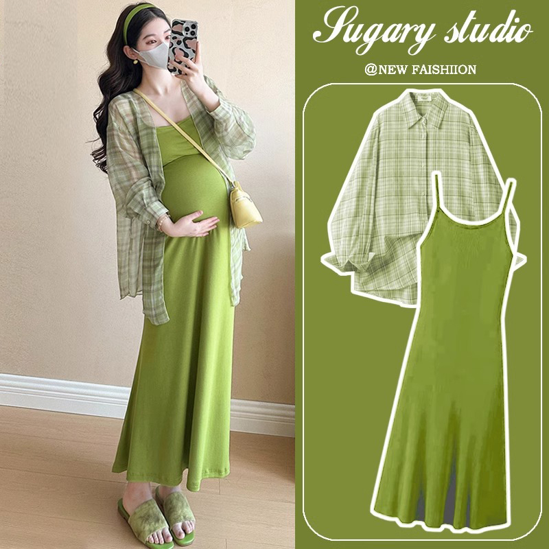 Maternity Dress Summer 2026 New Style Petite Fashion Plaid Shirt French Loose Suspender Skirt Two-Piece Set