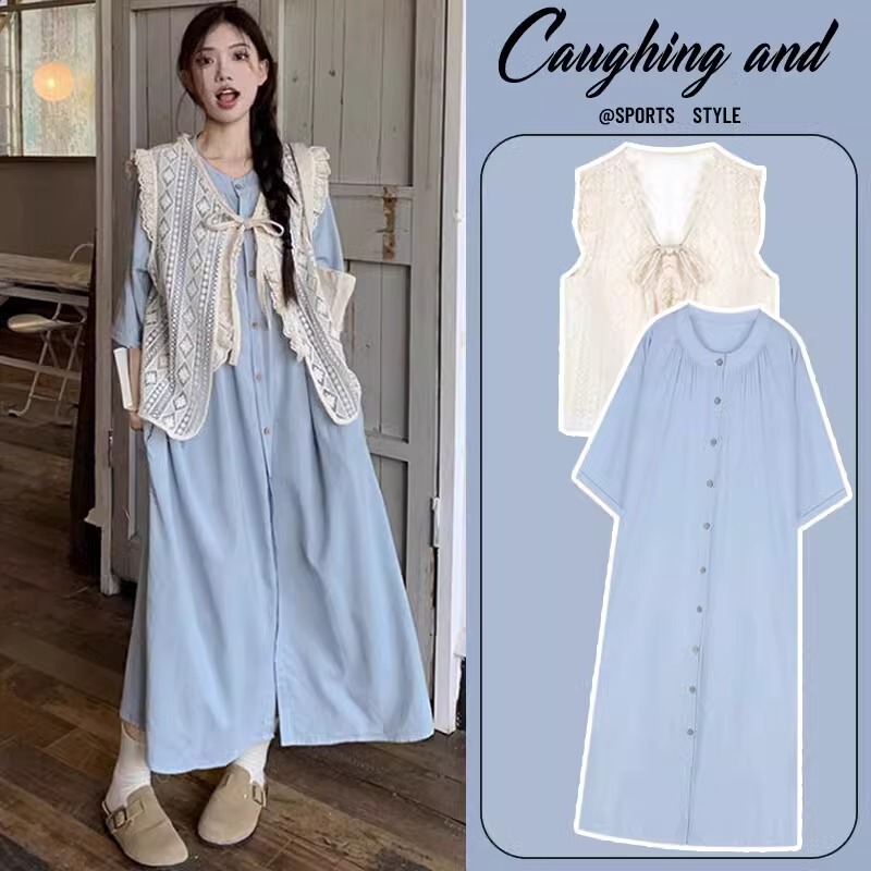 Maternity Dress Summer Style 2026 New Fashion Lace Vest French Loose Shirt Long Dress Summer Maternity Dress