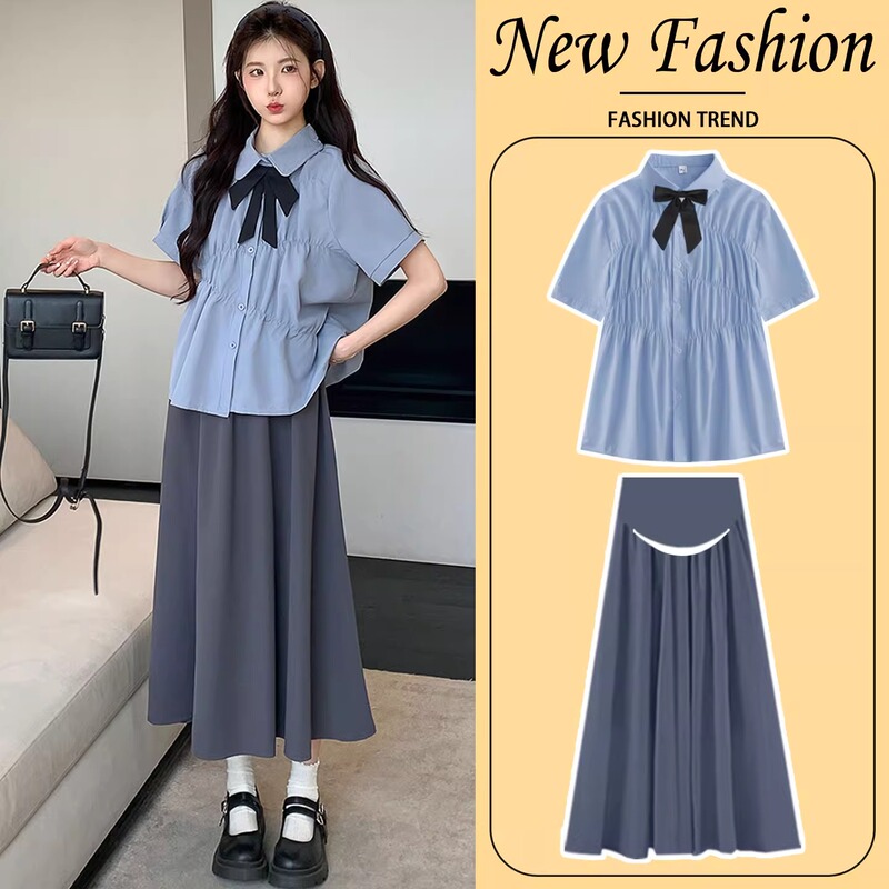 Maternity Wear Summer Suit, Fashionable, Trendy, Casual, College Style Short-Sleeved Shirt Top and Skirt Two-Piece Set Maternity Wear Summer Suit, Fashionable, Trendy, Casual, College Style Short-Sleeved Shirt Top and Skirt Two-Piece Set