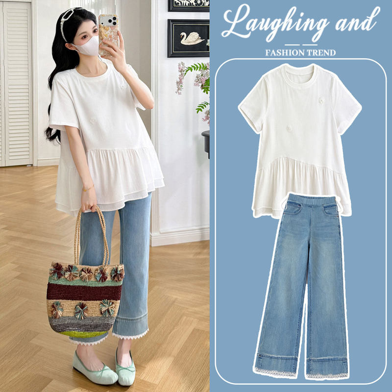 Trendy Mom's Pregnancy Outfit Set Summer 2026 New Casual Loose White Patchwork Short-Sleeved Top Summer Two-Piece Set Trendy Mom's Pregnancy Outfit Set Summer 2026 New Casual Loose White Patchwork Short-Sleeved Top Summer Two-Piece Set