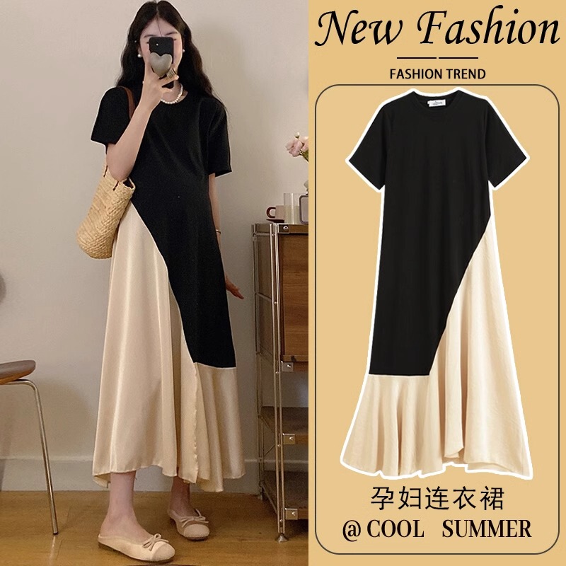 Maternity Dress 2026 New Summer Fashion Stylish Loose French Splicing Short-Sleeved Long Dress Summer Maternity Dress