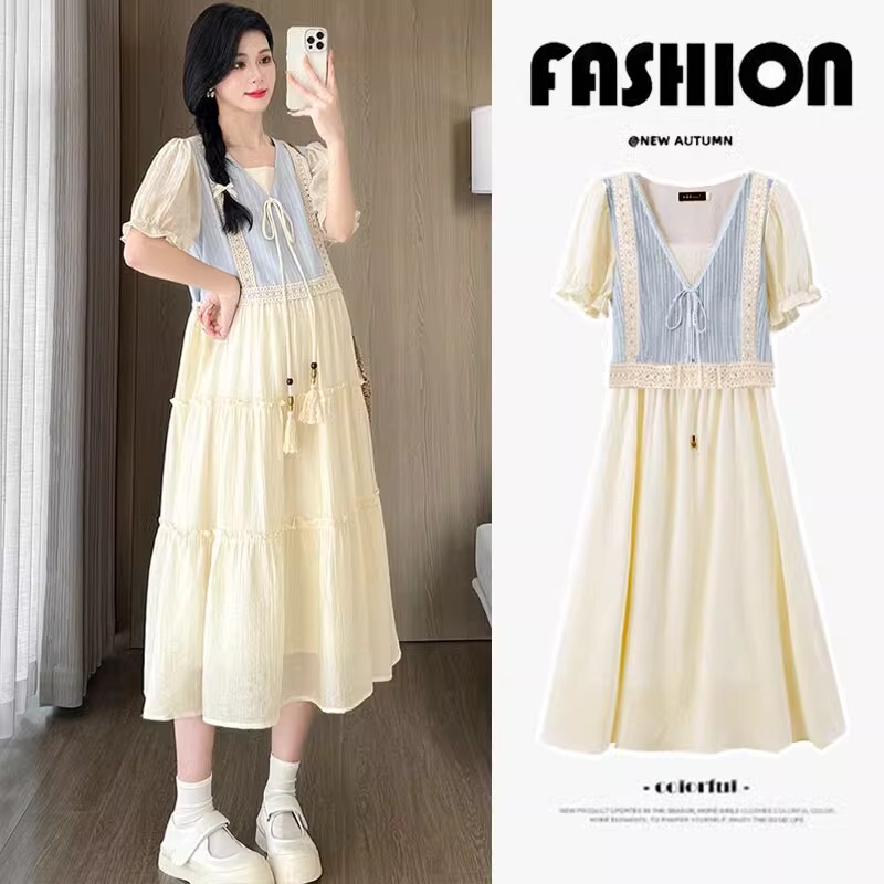 Maternity Summer Dress 2026 New Style Fashionable French Style Patchwork Waist V-Neck Long Dress Summer Style Maternity Dress