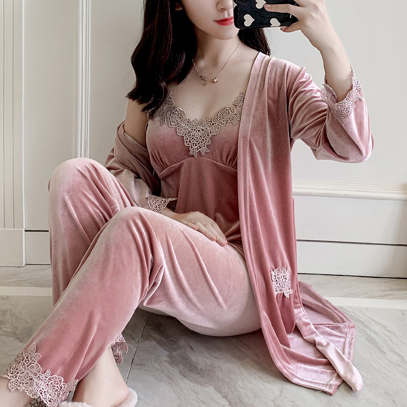 Pajamas for Women, Spring, Autumn and Winter, Sexy Suspender Nightgown, Four-Piece Set with Breast Pads, Can Be Worn Outside, Gold Velvet Home Clothes