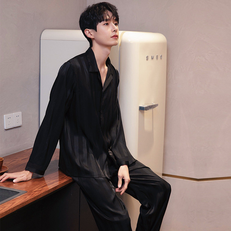 メンズ春秋パジャマセット、アイスシルク長袖パンツセット、2026年夏新作、高級ホームウェア