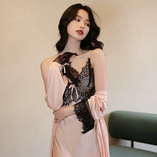 Летняя сексуальная осенняя пижама, шелковый лонгслив, тонкий банный халат, платье, комплект, эффект подтяжки