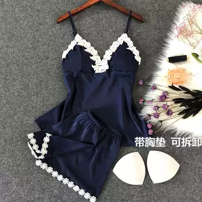 Sexy pajamas women's Xia Bing silk thin short-sleeved shorts private room suspender chest pad two-piece suit spring and Autumn home clothes