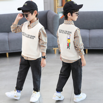 Boys autumn plaid shirt vest three-piece set 2021 New Chinese big childrens autumn foreign style suit children tide clothes