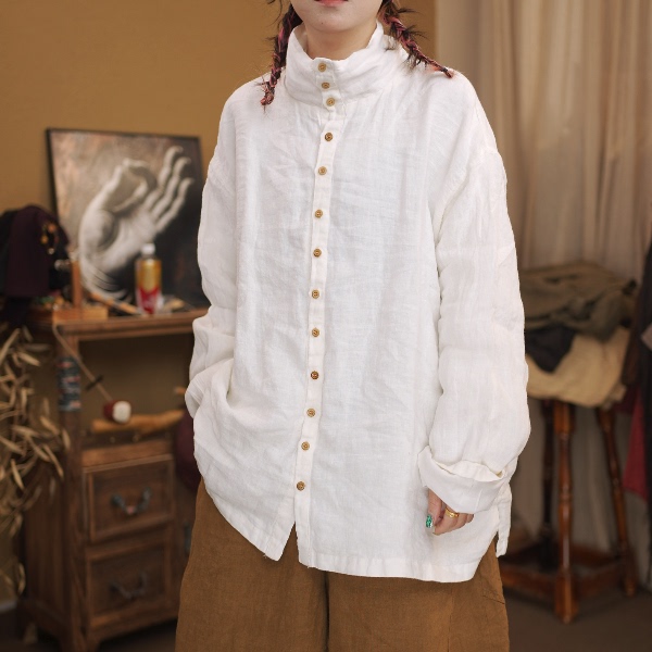Linen Double-Layer Stand-Up Collar Shirt M909