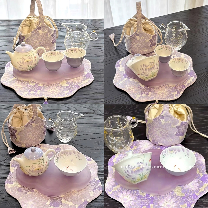Lailongshan·Purple Water Lily Underglaze Women's Exquisite Tea Set Outdoor Portable Tea Set Gift for Friends and Besties