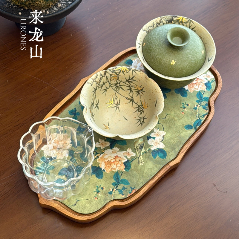 Laolongshan·Orange Green Bamboo Covered Bowl Tea Tray Set for Women, Single Person Use, Home Tea Tray, Tea Bowl Small Set Laolongshan·Orange Green Bamboo Covered Bowl Tea Tray Set for Women, Single Person Use, Home Tea Tray, Tea Bowl Small Set