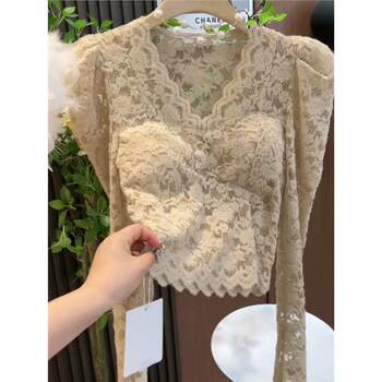 Puff Sleeve Floral Lace Blouse for Autumn and Winter 2024, Korean Style Sexy Hollow-Out V-Neck Short Long-Sleeve Top