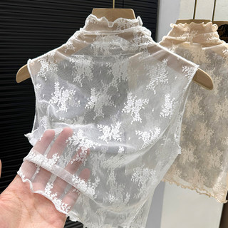 2024 new sleeveless mesh fake collar spring and autumn half lace bottoming shirt for women with fungus hem half high collar
