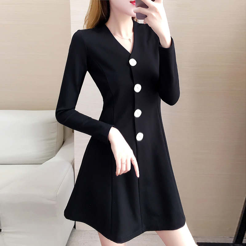 Tide Cards Big Size Women's Dress 2021 Spring Fat Sister Single Row Button V Collar Foreign Dress Woman THIN CASHEW SMALL BLACK DRESS
