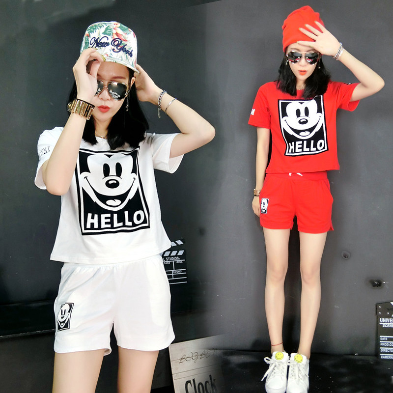 Tide Card Casual Sports Suit Woman 2022 Summer Korean version Large size lenient Mickey Mouse short sleeve shorts Two sets