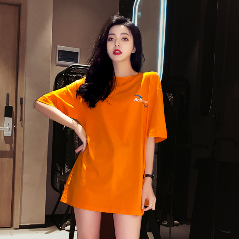 Tide brand orange short-sleeved t-shirt women's 2021 summer new mid-length bottoms missing loose cotton tops T-shirts