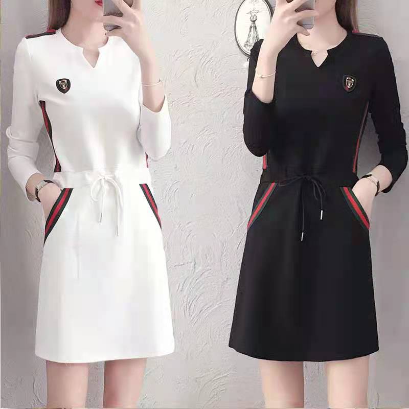 Tide cards big size women's clothes 2022 Spring collection waist display slim long sleeve foreign dress lady fat sister casual straight drum dresses