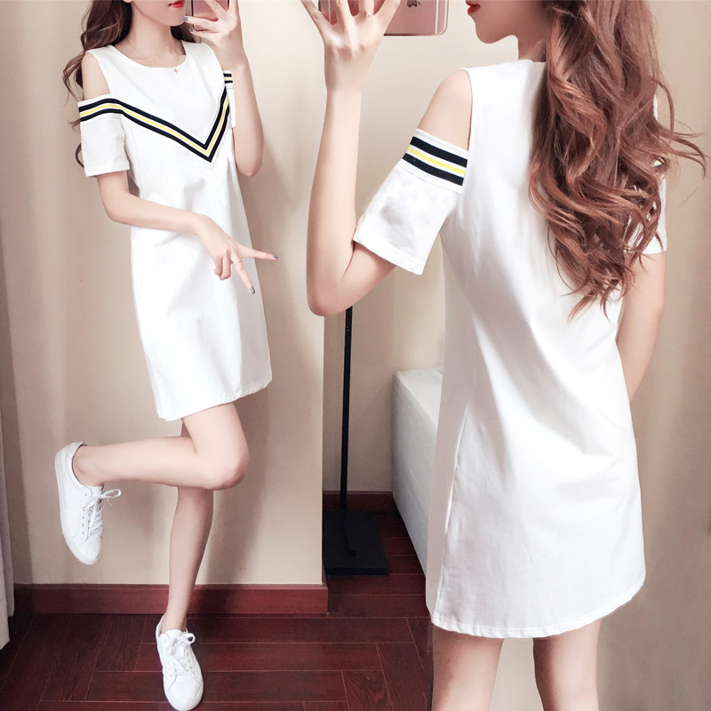 Tidal Truffle Shoulder Ocean Dress Women 2022 Summer Dress New Korean Version Medium Long Version Striped Short Sleeve T-shirt Skirt Casual A-word Dress