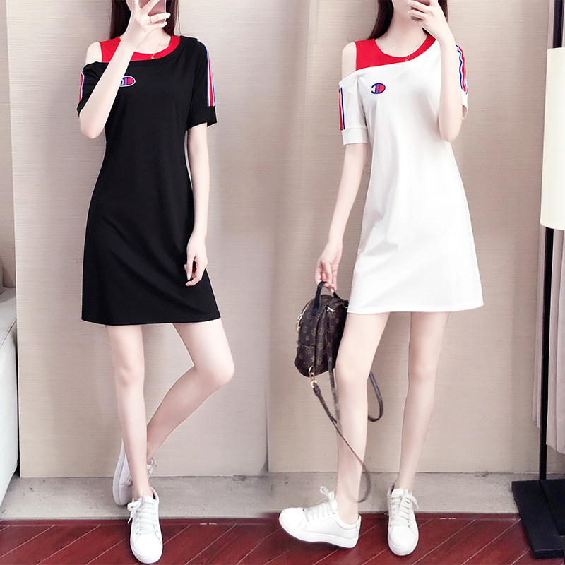 Tidal Truffle Shoulder Ocean Dress Woman 2022 Summer long version splicing short sleeve T-shirt Skirt Loose Casual Sport A-character dress