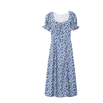 金智秀赵露思抖音同款方领复古碎花连衣裙