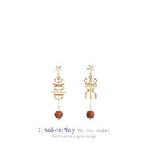 New Years Palace openwork joy and peace Chinese style earrings Sterling silver red New Year fortune earrings ear clip