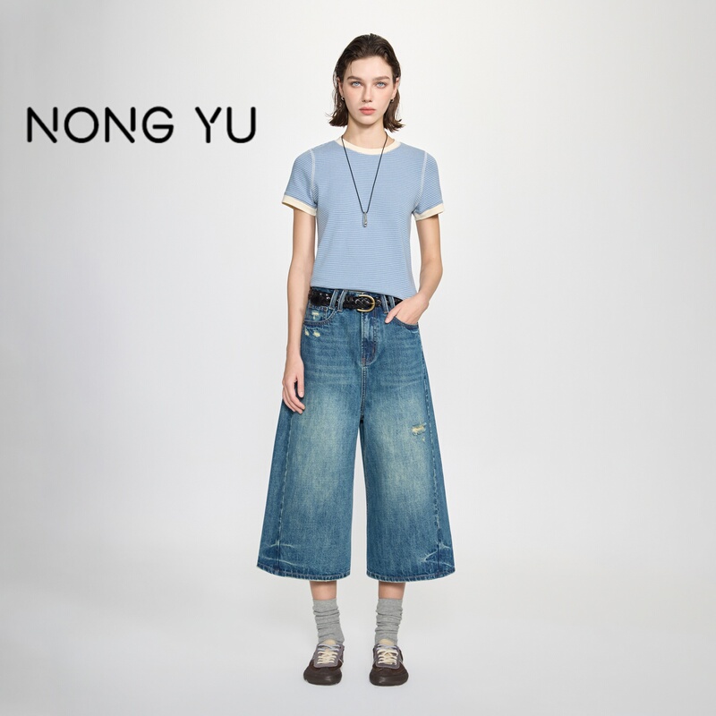 Ningyu 93503'Vintage Trend' 2026 Summer Thin Cotton Loose Ripped Wide-Leg Cropped Denim Pants Ningyu 93503'Vintage Trend' 2026 Summer Thin Cotton Loose Ripped Wide-Leg Cropped Denim Pants