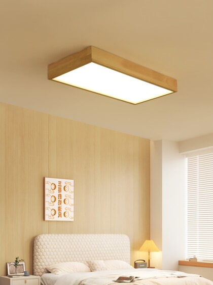 Natural Wood Style Rectangular Ceiling Light for Living Room, Japanese-Style Solid Wood Tatami Dining Room and Bedroom Main Light, Guangdong Zhongshan Lighting Fixtures