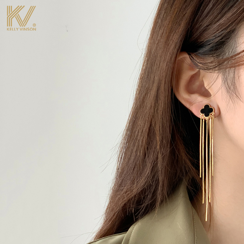 Flow Suearrings Quadruleaf Grass Temperament Ear Pendant Long Version Ear Clip Personality Design Sensation Small Crowdfeel Golden Earrings Woman