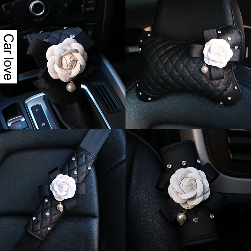 Creative mountain tea flower drilling car decoration kit car interior safety belt handle brake pillow kit