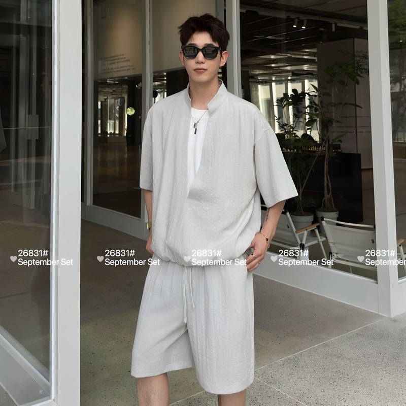 Old Money Style Half-Open Placket Faux Two-Piece Patchwork Summer Casual Suit for Men 2026 Lightweight Breathable Versatile Short-Sleeve Shorts