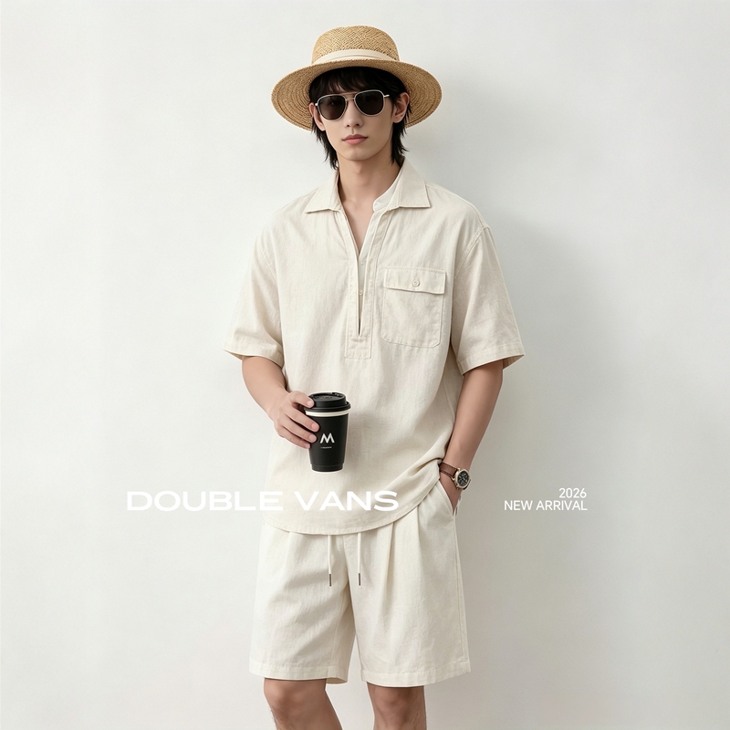 Old Money Style Linen Casual Suit for Men, Summer Short-Sleeved Shirt and Shorts Two-Piece Set, Simple, Breathable and Fashionable Suit