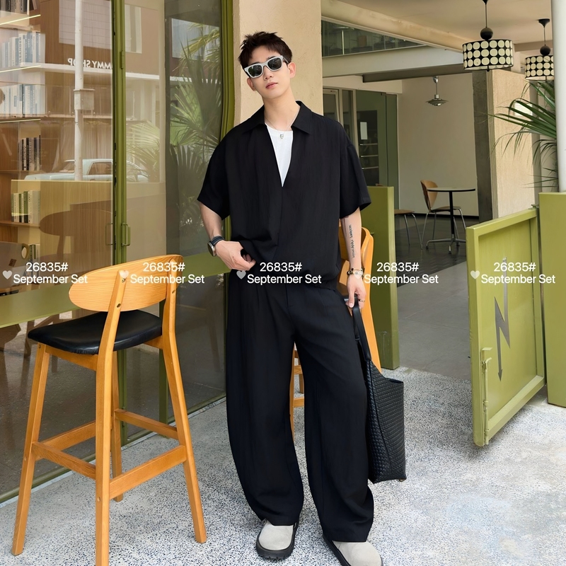 Men's Linen Short-Sleeved Shirt Suit, Summer Minimalist Breathable Loose Trousers Two-Piece Set, High-End Fashion Suit