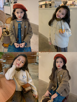 Orange childrens cardigan 2021 autumn new girl Korean vintage embroidered knitted coat top