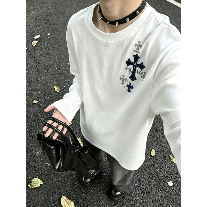 American-Style Trendy High Street Fashion Cross-Pattern Long-Sleeve T-Shirt for Men, Spring and Autumn Heavy Cotton Loose-Fitting Base Layer Top American-Style Trendy High Street Fashion Cross-Pattern Long-Sleeve T-Shirt for Men, Spring and Autumn Heavy Cotton Loose-Fitting Base Layer Top