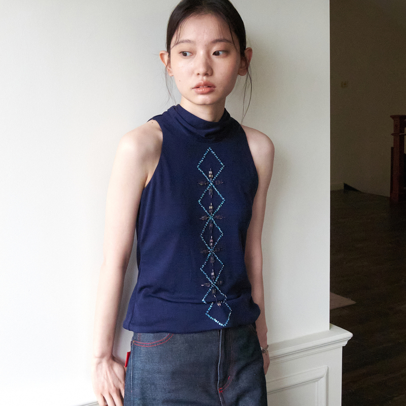 Sancuntai 3inch Moss-Patterned Beaded Halter Neck Tie Simple Slim-Fit Outerwear New Chinese Style Camisole