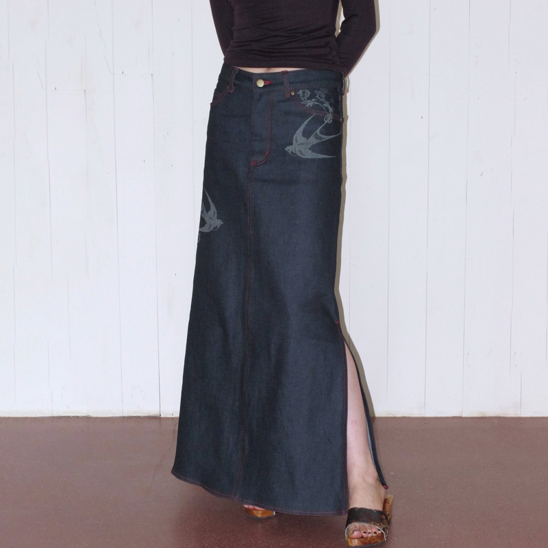 Sancuntai 3inch Moss Green Pure Cotton Houndstooth Print Raw Denim Contrast Stitching Side Slit Vintage Denim Midi Skirt