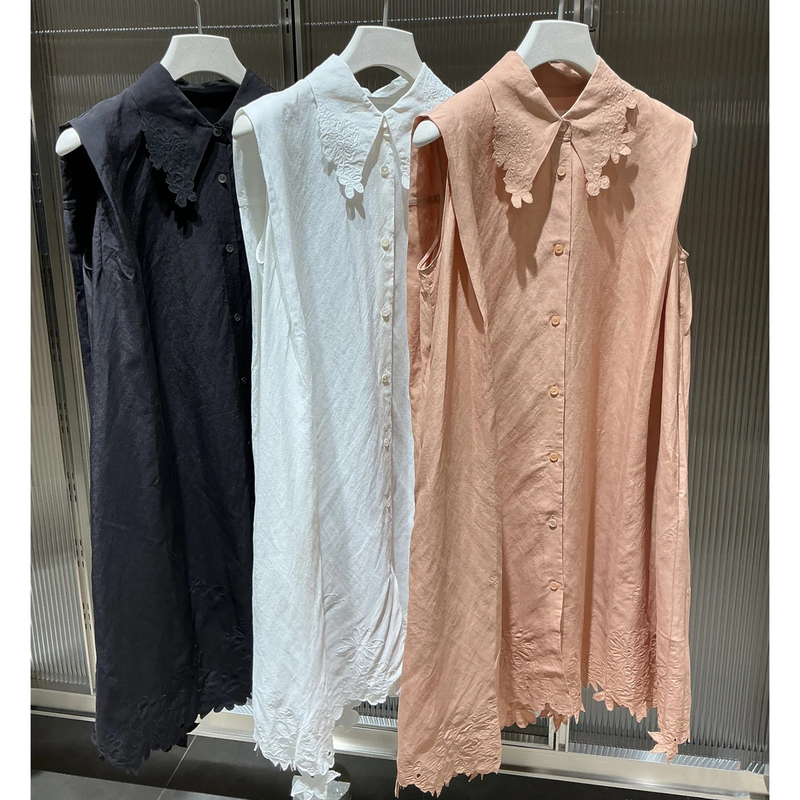 2026 Summer New Product French-Style Simple Lapel Embroidered Hem Loose Long Sleeveless Shirt Dress
