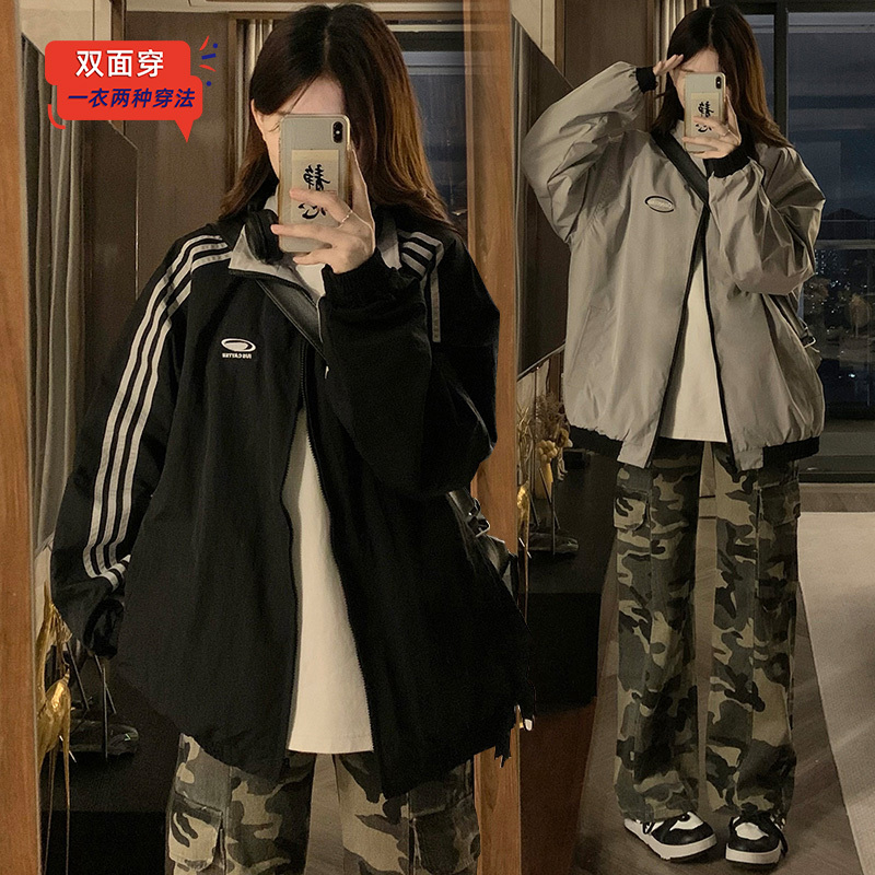 American Retro Reversible Three-Stripe Jacket for Men and Women, Spring and Autumn Korean Style Loose Student Couple Sports Jacket Top