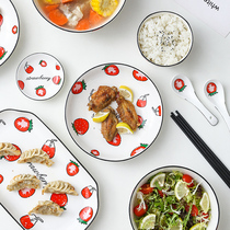 Net red ins Bowl Dish Suit Strawberry Cutlery Home Nordic Ceramic Bowls Chopsticks Soup Bowl dishes Bowls Single