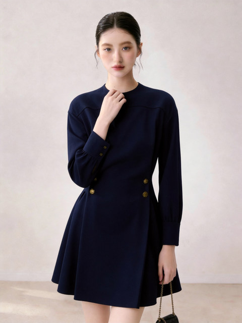 Commuting Outfit Round Neck Waist-Cinching Dress for Women 2026 Summer Blue Long-Sleeved Workplace Elegant A-Line Dress
