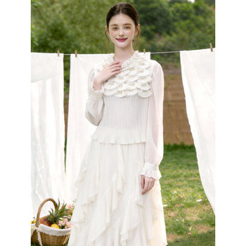 French-Style Elegant White Shirt for Women, Long-Sleeved, Heavily Beaded, Slim Fit, Ruffled Sleeves, High-End, Age-Reducing Top