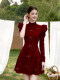 New Chinese-Style Exquisite Red Princess Dress for Women, Solid Color Long-Sleeve Dress with Bow Tie, Waist-Cinching, Slim-Fit Dress