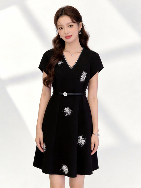Elegant and Stunning Black V-Neck Short-Sleeve Dress with a High-End Feel, Perfect for Important Occasions in the Summer of 2026